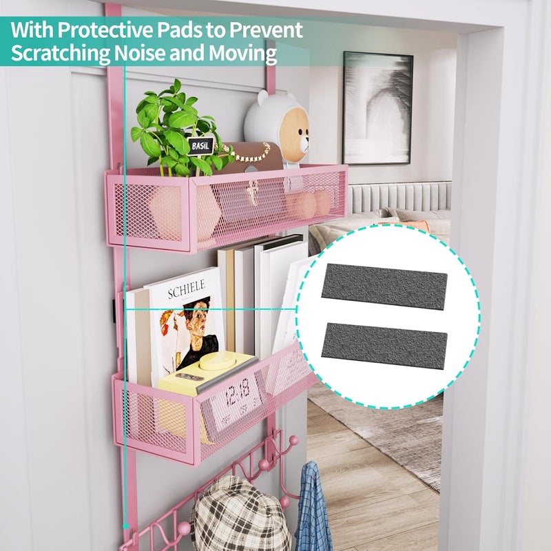 HapiRm Over The Door Hanger with Coat Hooks and 2 Baskets, Rustproof & Waterproof Pink Over The Door Hooks, Storage Organizer for Hats, Bathroom, Kitchen, Bedroom - Pink - Image 3